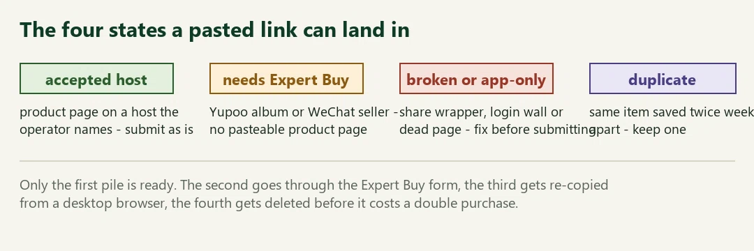 Four labelled states for pasted links: accepted host, needs Expert Buy, broken or app-only, duplicate, each with a one-line description