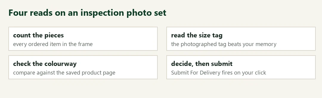 Four labelled boxes: count the pieces, read the size tag, check the colourway, decide then submit, each with a one-line instruction