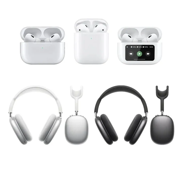 White wireless earbuds beside over-ear headphones in two colours