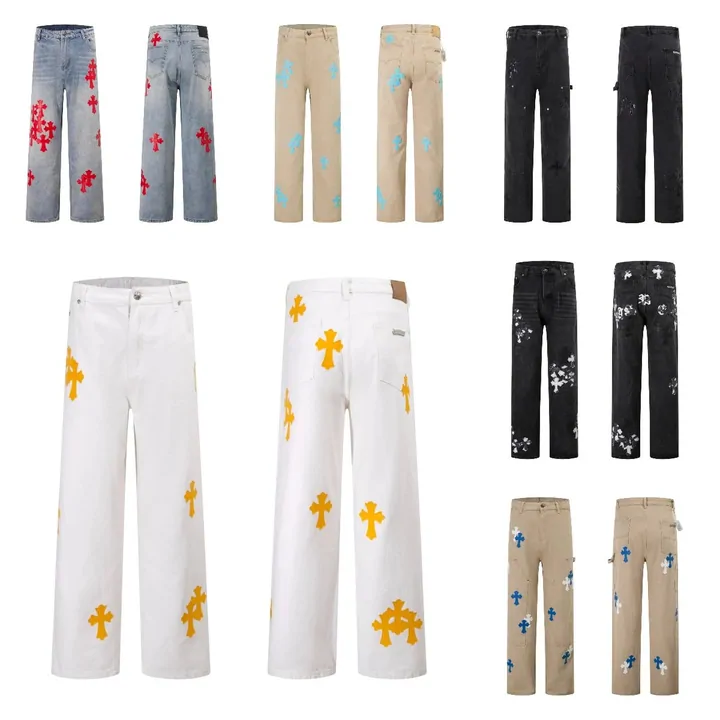 Four pairs of straight-leg trousers with cross prints, white and black