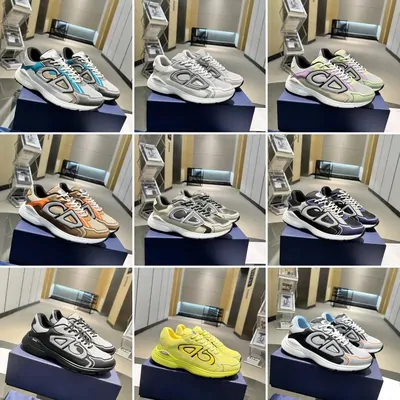 Grid of chunky running sneakers in grey, beige and pastel colourways