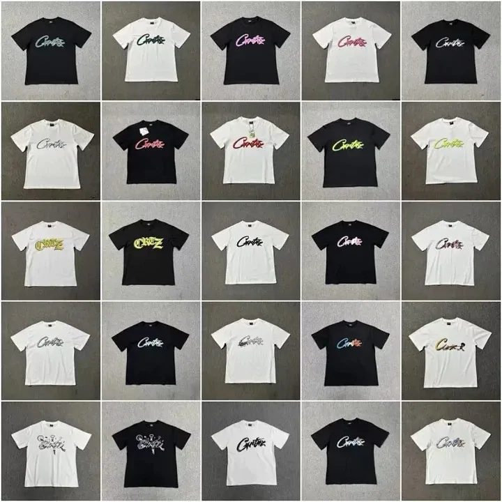 Sixteen black and white printed tees laid out in a four by four grid