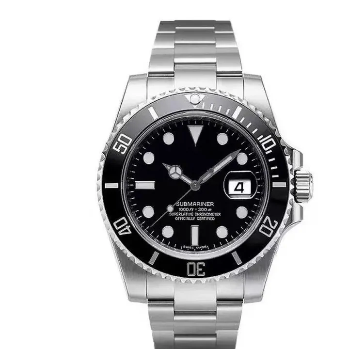Black-dial dive watch with a steel bracelet, crown at four o'clock