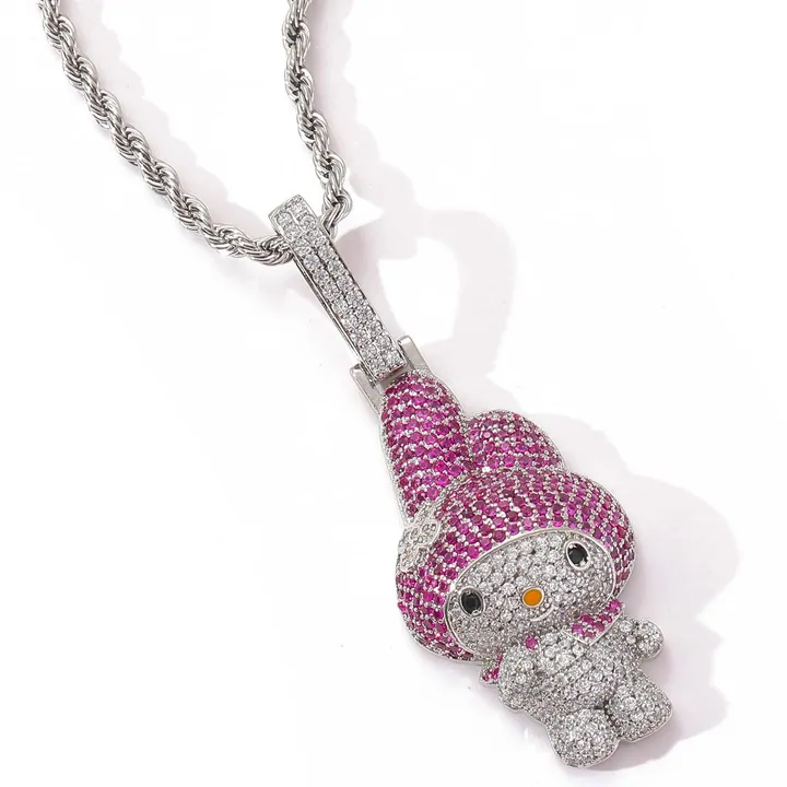 Silver rope chain with a large pendant of a hooded cartoon figure covered in pink and white stones
