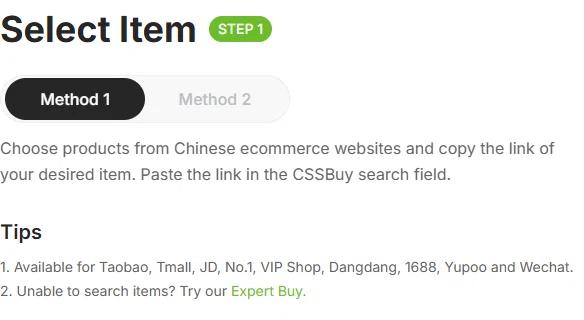 Buy For Me step one panel: Method 1 and Method 2 toggle, instructions to copy and paste a product link, and tips naming Taobao, Tmall, JD, No.1, VIP Shop, Dangdang, 1688, Yupoo and Wechat