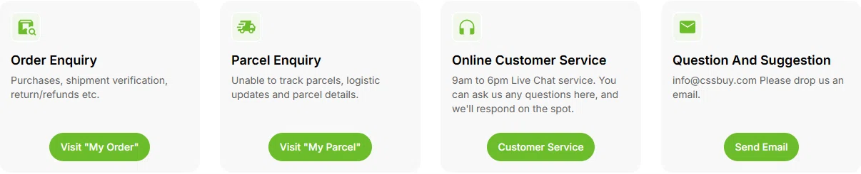 Four contact cards: Order Enquiry via My Order, Parcel Enquiry via My Parcel, Online Customer Service with live chat from nine to six, and an email address