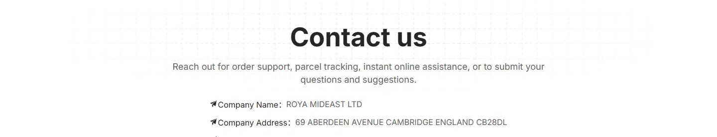 CSSBuy Contact us page header with a support line about order support and parcel tracking, listing company name ROYA MIDEAST LTD and a Cambridge England address