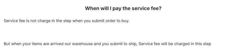 CSSBuy help article stating the service fee is not charged at submit to buy but when items arrive at the warehouse and are submitted to ship