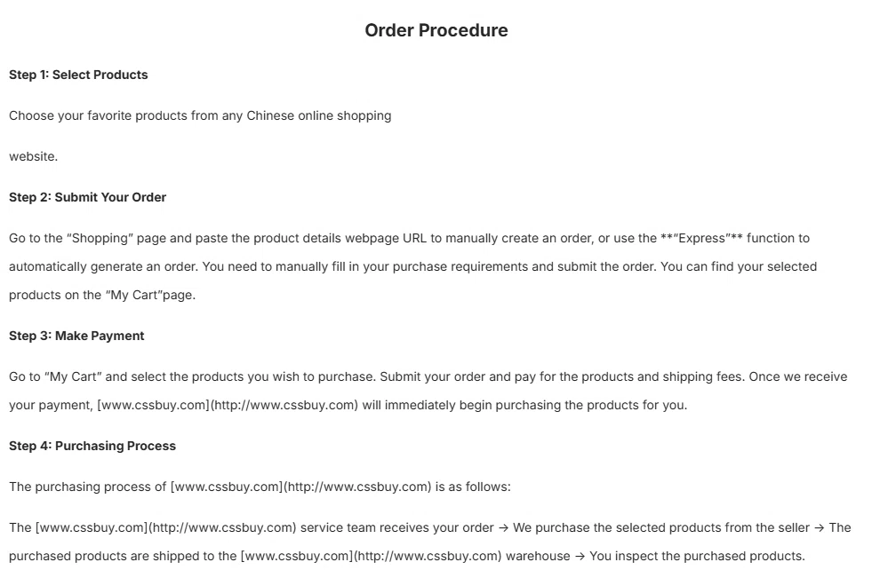 CSSBuy help article Order Procedure, steps one to four: select products, submit your order via the Shopping page or the Express function, pay from My Cart, purchasing process