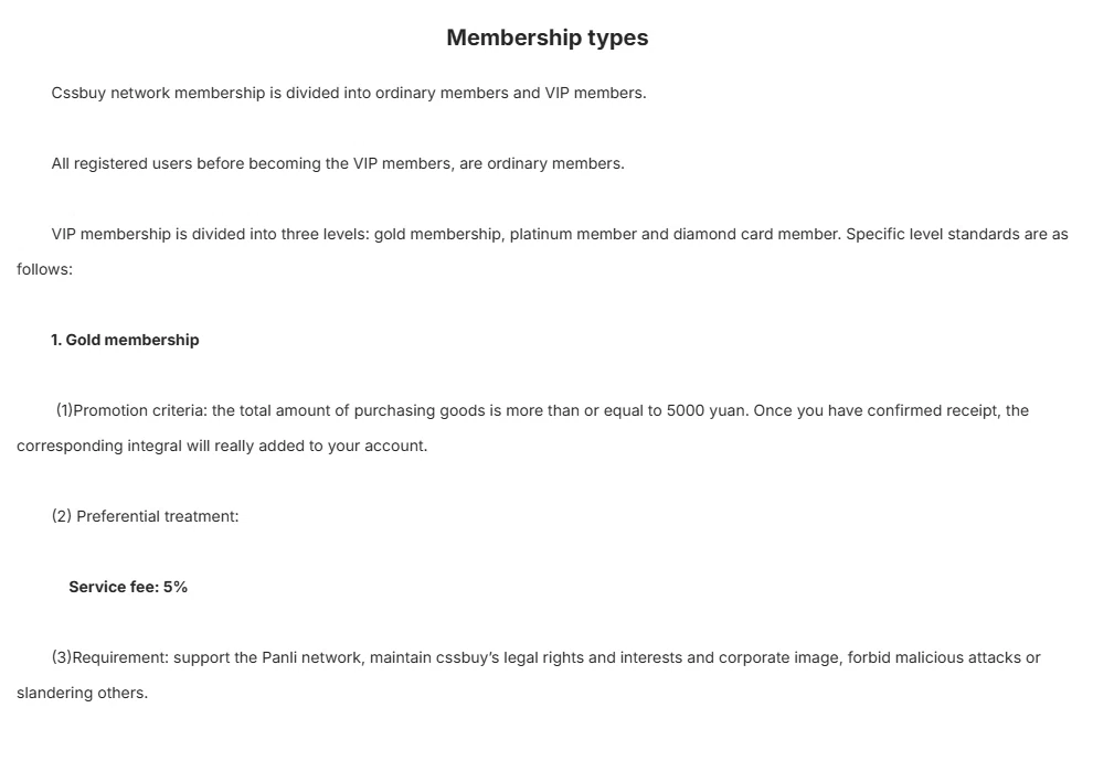 CSSBuy help article on membership types showing ordinary and VIP levels with service fee percentages and a Gold tier threshold of five thousand yuan