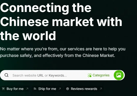 CSSBuy homepage hero: headline, subline, a search field reading Search website URL or Keywords, a Categories dropdown, a green image-search button and quick links for Buy for me, Ship for me and Reviews rewards