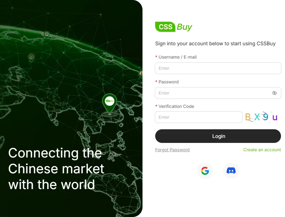 CSSBuy sign-in panel with username, password and verification code fields, a Login button, Google and Discord sign-in icons, dark green globe artwork on the left