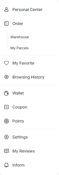 CSSBuy user centre menu listing Personal Center, Order with Warehouse and My Parcels, My Favorite, Browsing History, Wallet, Coupon, Points, Settings, My Reviews and Inform entries